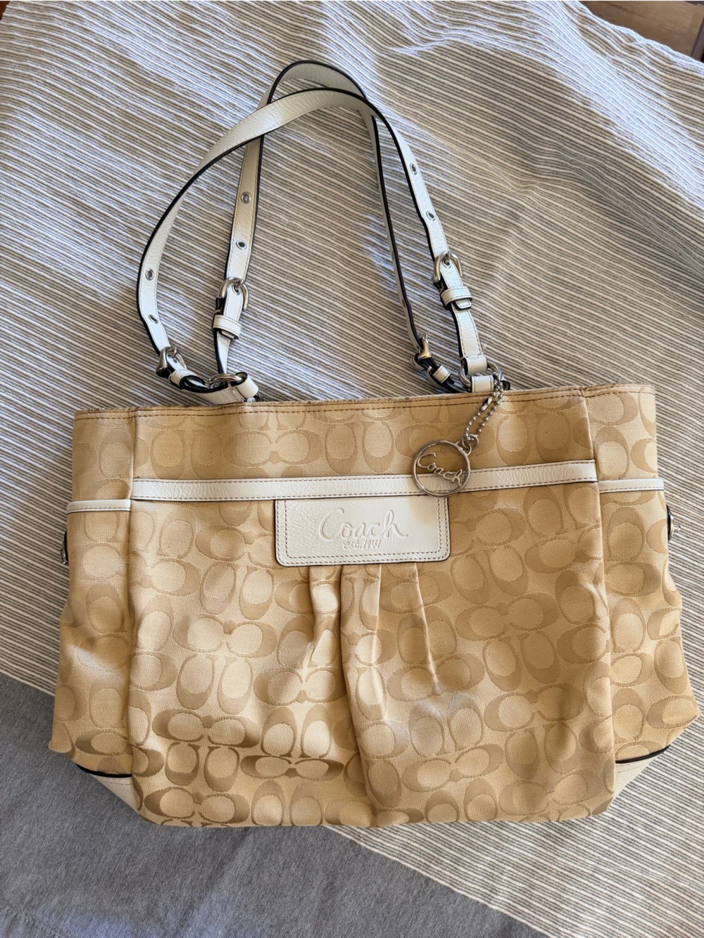Coach Beige Tote with White Trim and Logo Charm